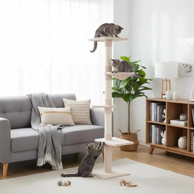 Ceiling-high, height-adjustable cat tree, sturdy cat tree with sisal posts, cat climbing tree, beige, 40 x 34 x 230-260 cm
Ceiling-high, height-adjustable cat tree, sturdy cat tree with sisal posts, cat climbing tree, beige, 40 x 34 x 230-260 cm