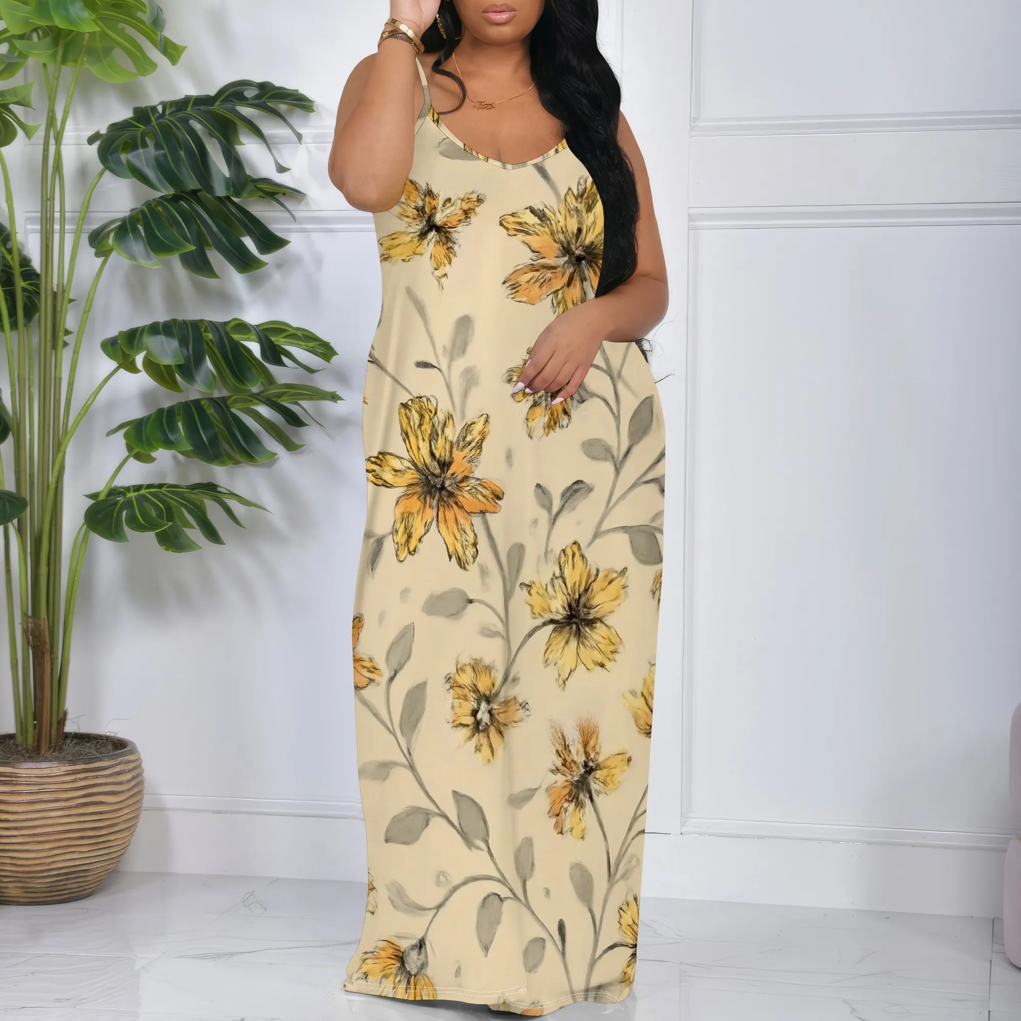 Yellow Floral Maxi Dress S-3XL Spaghetti Strap Loose Fit Sleeveless Style for Garden Picnic, Boho Brunch or Summer Holiday
Yellow Floral Maxi Dress S-3XL Spaghetti Strap Loose Fit Sleeveless Style for Garden Picnic, Boho Brunch or Summer Holiday