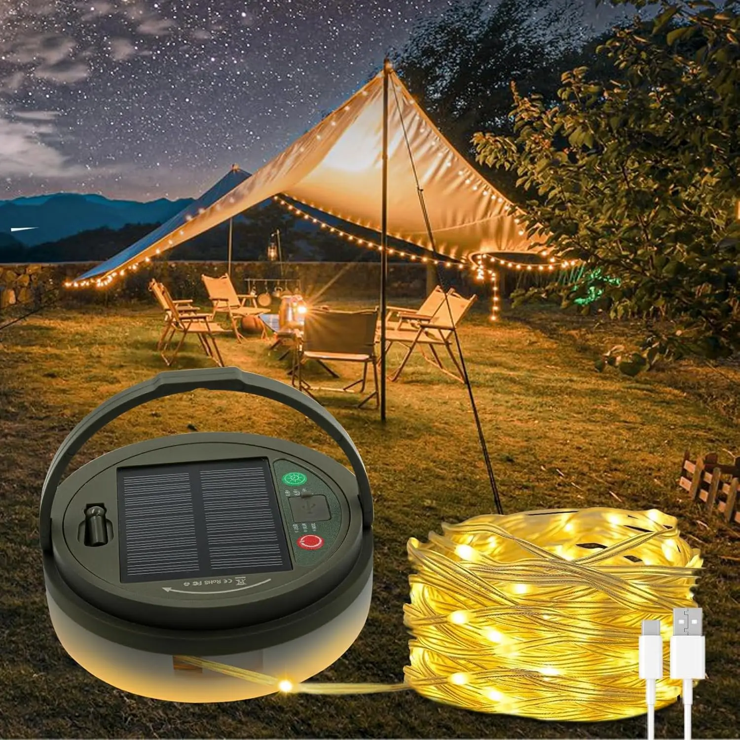 32.8ft Solar Camping String Lights with 8 Modes, Waterproof Rechargeable Lantern for Outdoor Decor
32.8ft Solar Camping String Lights with 8 Modes, Waterproof Rechargeable Lantern for Outdoor Decor