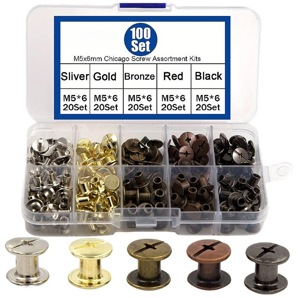 100pcs Chicago Screws Rivet Set Flat Round Head 5 Sets Matching Mother and Daughter Screws Nails Bolts for Photo Album Desk Menu
100pcs Chicago Screws Rivet Set Flat Round Head 5 Sets Matching Mother and Daughter Screws Nails Bolts for Photo Album Desk Menu