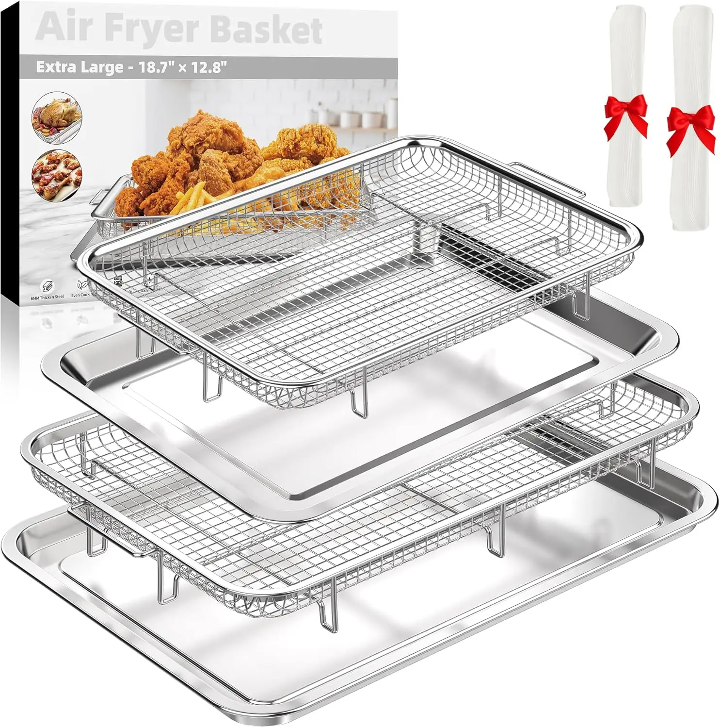 2-Piece Stainless Steel Air Fryer Basket Set with Crisper Tray and 60 Parchment Papers for Oven Baking
2-Piece Stainless Steel Air Fryer Basket Set with Crisper Tray and 60 Parchment Papers for Oven Baking