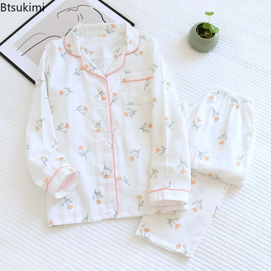 Women's 100% Cotton Gauze Pajamas Flower Print Female Sleepwear Spring Korean Style Two Piece Set Nightwear Pyjamas Loungewear
Women's 100% Cotton Gauze Pajamas Flower Print Female Sleepwear Spring Korean Style Two Piece Set Nightwear Pyjamas Loungewear