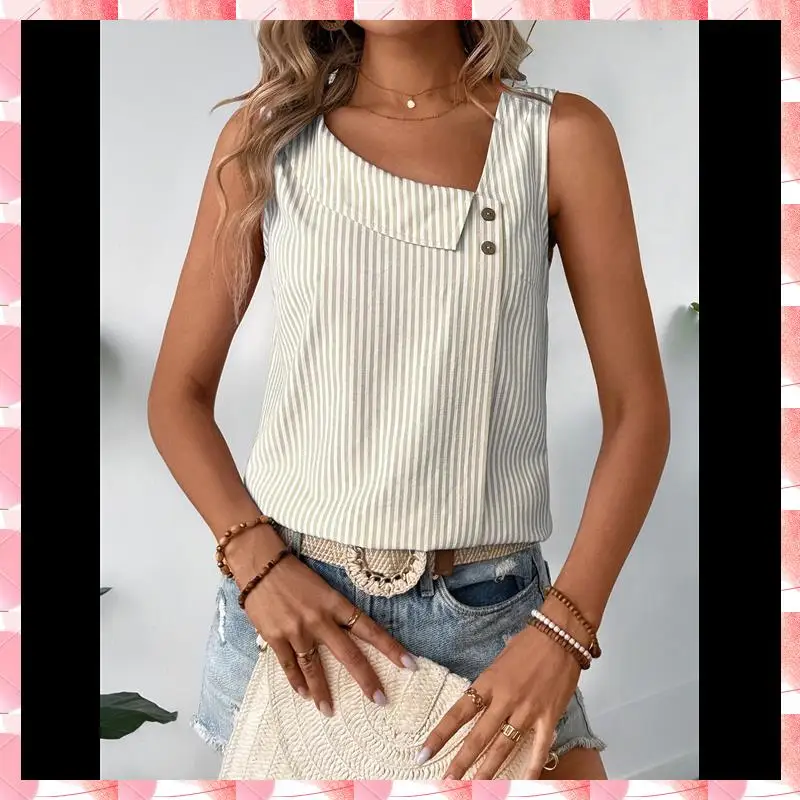 Женские блузки в полоску с асимметричным V-образным вырезом и принтом на пуговицах, повседневная майка без рукавов, летние рубашки, топы
Женские блузки в полоску с асимметричным V-образным вырезом и принтом на пуговицах, повседневная майка без рукавов, летние рубашки, топы