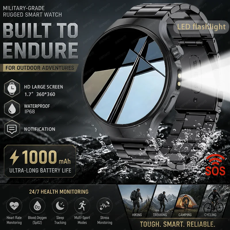 2026 New Military Outdoor 1000mAh Battery Smart Watch 1.7" HD 360*360 IP68 Waterproof Wireless call Sports Men Fitness Bracelet
2026 New Military Outdoor 1000mAh Battery Smart Watch 1.7" HD 360*360 IP68 Waterproof Wireless call Sports Men Fitness Bracelet