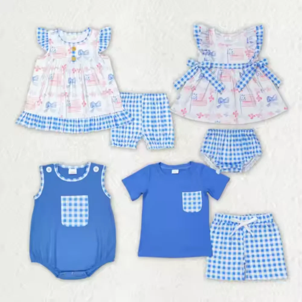 New in Stock Blue Plaid Flag Bow Ruffled Sleeveless Top Shorts Girls Clothing Sets
New in Stock Blue Plaid Flag Bow Ruffled Sleeveless Top Shorts Girls Clothing Sets
