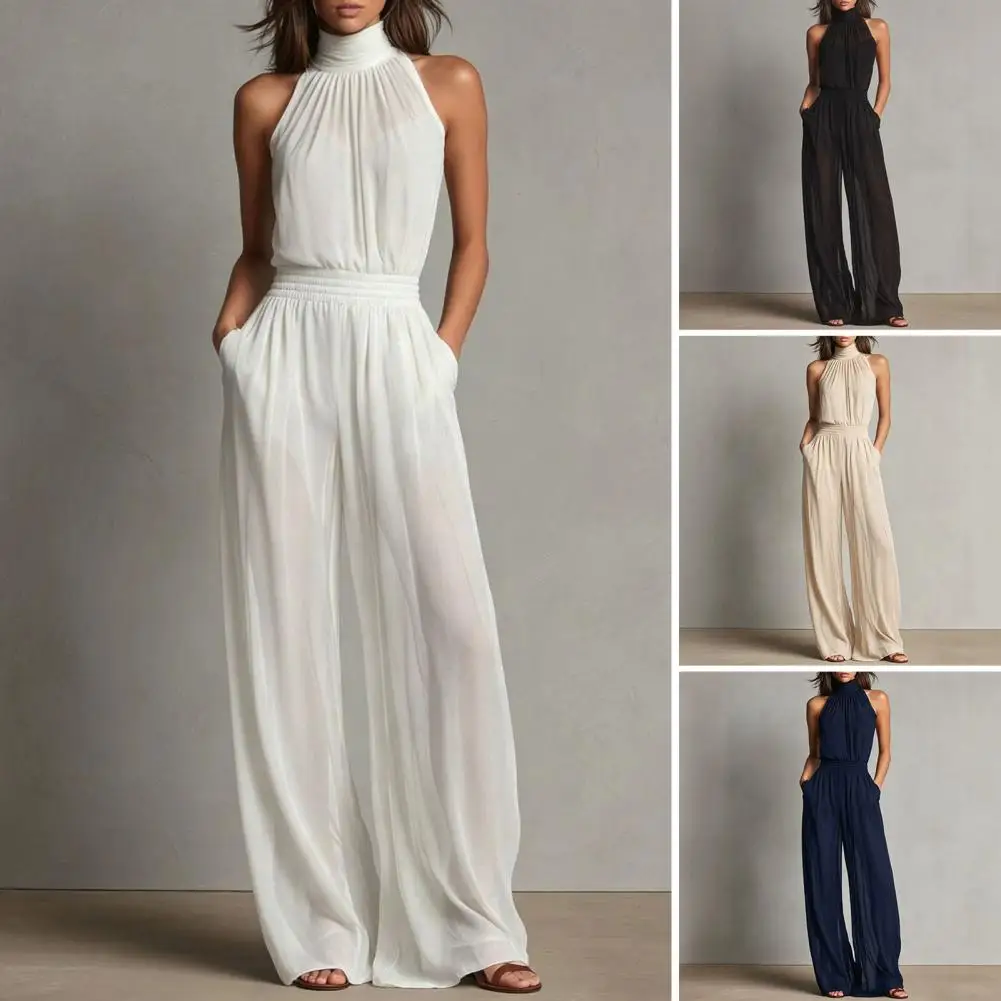 Women's Summer Jumpsuit, Halter High Neck Sleeveless Chiffon Wide Leg Rompers, Smocked Waist Backless Vacation One Piece Outfits
Women's Summer Jumpsuit, Halter High Neck Sleeveless Chiffon Wide Leg Rompers, Smocked Waist Backless Vacation One Piece Outfits