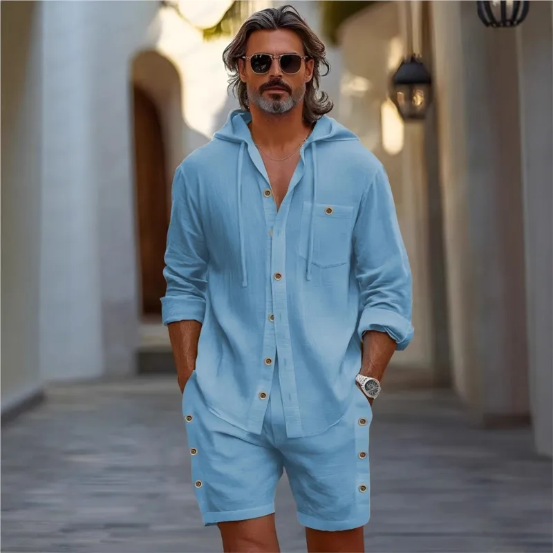 Hawaii Men's Cotton Linen Casual Suit Summer New Men's Hooded Solid color Casual Long sleeved Shirt and Shorts 2-Piece Set
Hawaii Men's Cotton Linen Casual Suit Summer New Men's Hooded Solid color Casual Long sleeved Shirt and Shorts 2-Piece Set