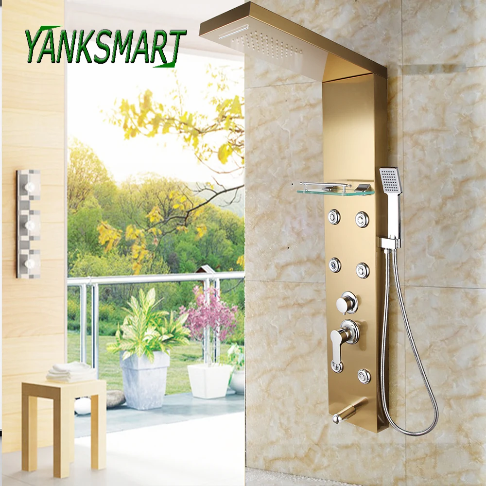 YANKSMART Bath Shower Faucet Temperature Digital Display Shower Panel Body Massage System Jet Tower Shower Column Tap With Shelf
YANKSMART Bath Shower Faucet Temperature Digital Display Shower Panel Body Massage System Jet Tower Shower Column Tap With Shelf