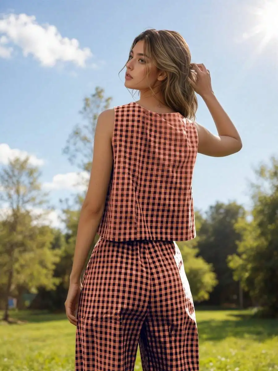 Women Plaid Cotton Linen Two-Piece Set Sleeveless Cropped Top And Loose Palazzo Pants Casual Summer Outfit
Women Plaid Cotton Linen Two-Piece Set Sleeveless Cropped Top And Loose Palazzo Pants Casual Summer Outfit
