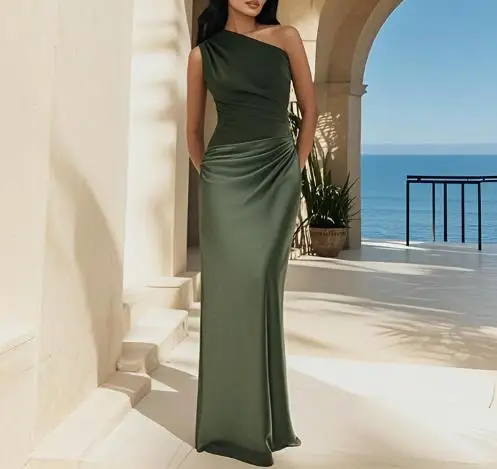 Womens Dresses 2025 Spring New Solid Color Slant Neck Sleeveless Backpack Hip Casual Ruched Temperament Elegant Evening Dress
Womens Dresses 2025 Spring New Solid Color Slant Neck Sleeveless Backpack Hip Casual Ruched Temperament Elegant Evening Dress