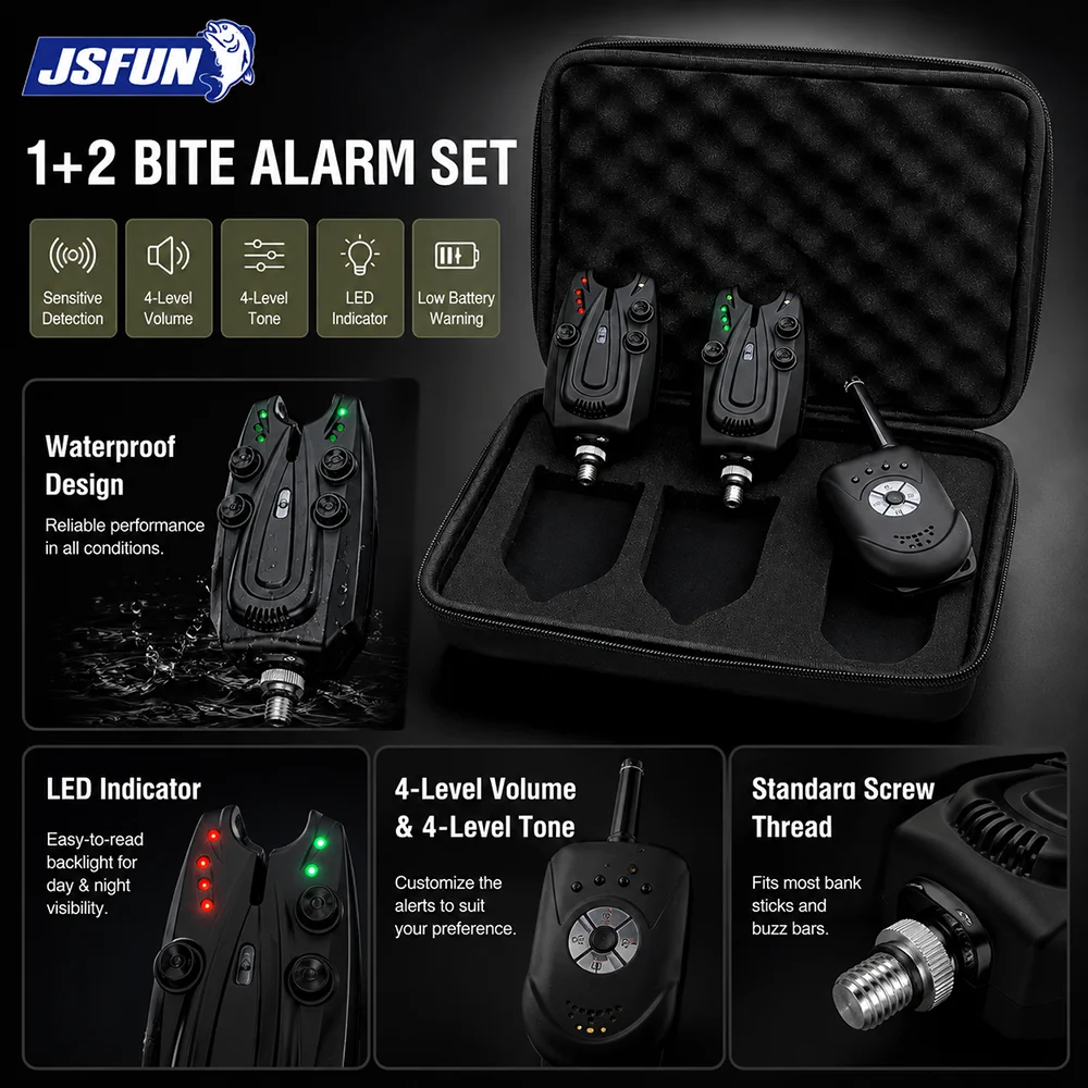 JSFUN 1+2 Carp Fishing Bite Alarm Set with Receiver Portable Tackle for Carp Coarse Fishing
JSFUN 1+2 Carp Fishing Bite Alarm Set with Receiver Portable Tackle for Carp Coarse Fishing