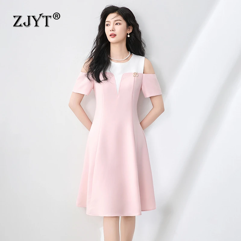 ZJYT Summer Fashion Designer Hit Color Patchwork Off The Shoulder Dress Women Elegant Short Sleeve Party Casual Daily Dresses
ZJYT Summer Fashion Designer Hit Color Patchwork Off The Shoulder Dress Women Elegant Short Sleeve Party Casual Daily Dresses