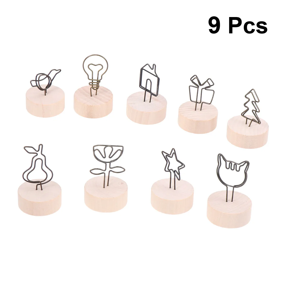 9Pcs Wood Note Clip Retro Iron Wire Memo Holder Clips Assorted Shapes Paper Place Holder Stand for Home Party Decoration
9Pcs Wood Note Clip Retro Iron Wire Memo Holder Clips Assorted Shapes Paper Place Holder Stand for Home Party Decoration
