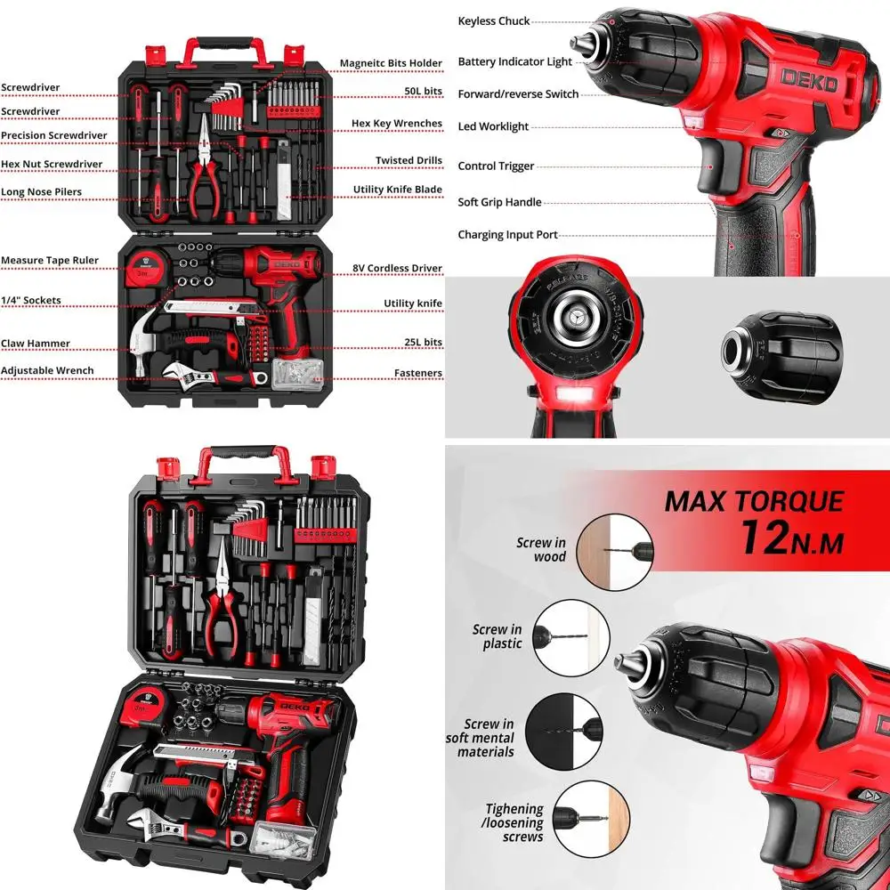 Drill Set: Tool Set with 8V Red Cordless Drill, Home Tool Kit with Drill, Hand Tool Kits for Women 126 Piece
Drill Set: Tool Set with 8V Red Cordless Drill, Home Tool Kit with Drill, Hand Tool Kits for Women 126 Piece