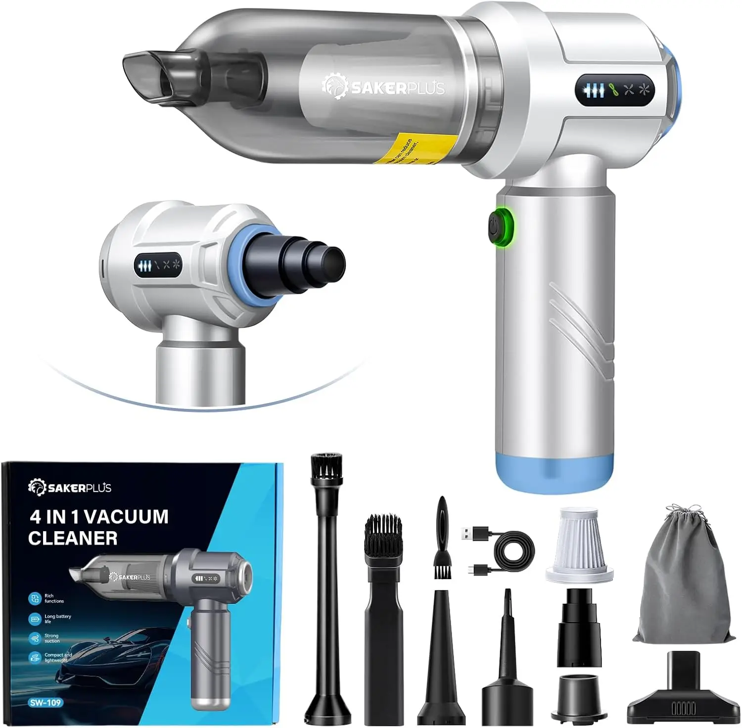 Беспроводной автомобильный пылесос 4-в-1, портативный пылесос высокой мощности 17500PA, портативный с 3-скоростной батареей (серебристый)
Беспроводной автомобильный пылесос 4-в-1, портативный пылесос высокой мощности 17500PA, портативный с 3-скоростной батареей (серебристый)