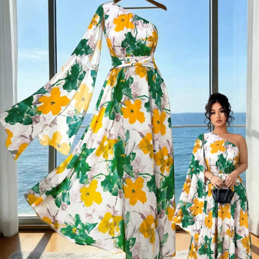 Women's Elegant One Shoulder Floral Maxi Dress Yellow Green Print High Waist A-Line Flowy Long Party Dress with Cape Sleeve
Women's Elegant One Shoulder Floral Maxi Dress Yellow Green Print High Waist A-Line Flowy Long Party Dress with Cape Sleeve