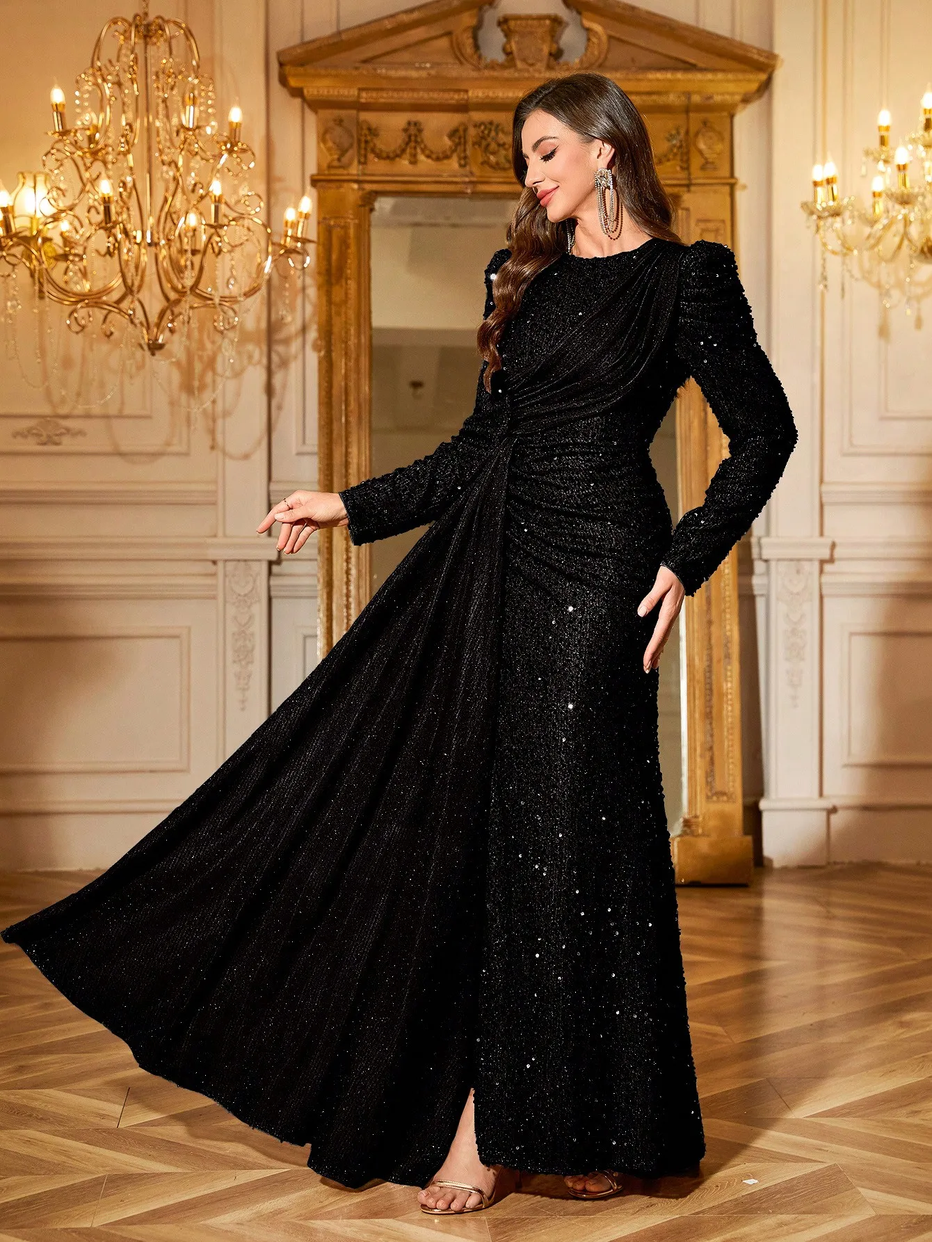 UNITHORSE Elegant Sequin Evening Dress for Women, Crew Neck, Princess Sleeves, Ruched, Side Slit, Slight Train
UNITHORSE Elegant Sequin Evening Dress for Women, Crew Neck, Princess Sleeves, Ruched, Side Slit, Slight Train