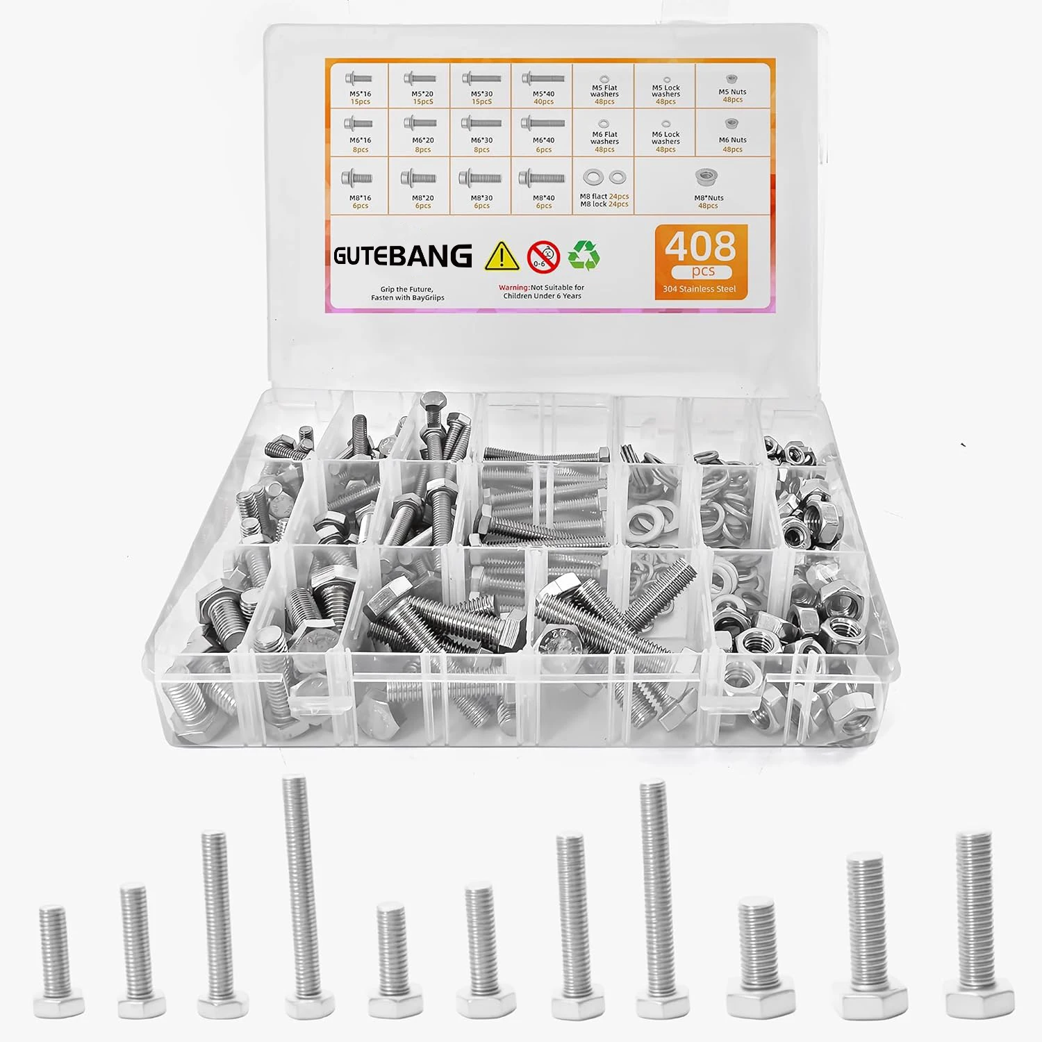Kit d'assortiment de boulons à tête hexagonale en acier inoxydable, 408 pièces, avec écrous+rondelles+ressorts, M5-M8 DIN933, qu
Kit d'assortiment de boulons à tête hexagonale en acier inoxydable, 408 pièces, avec écrous+rondelles+ressorts, M5-M8 DIN933, qu