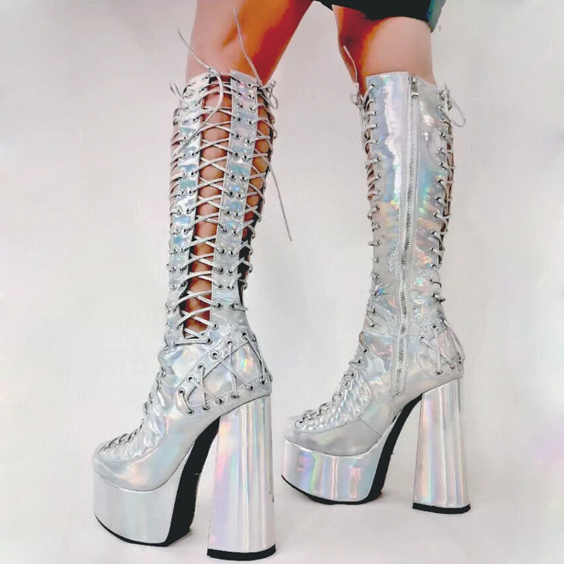 Silver Pink Platform Elastic Cutouts Sandals Boots Chunky Super High Heels Hot Girls Stage Boots Stretch Fasten Knee Boots Women
Silver Pink Platform Elastic Cutouts Sandals Boots Chunky Super High Heels Hot Girls Stage Boots Stretch Fasten Knee Boots Women