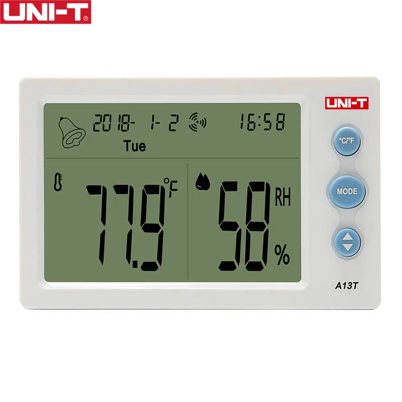 UNI-T A13T Temperature Humidity Meter; Indoor temperature and humidity table, time/date/week/temperature humidity display
UNI-T A13T Temperature Humidity Meter; Indoor temperature and humidity table, time/date/week/temperature humidity display