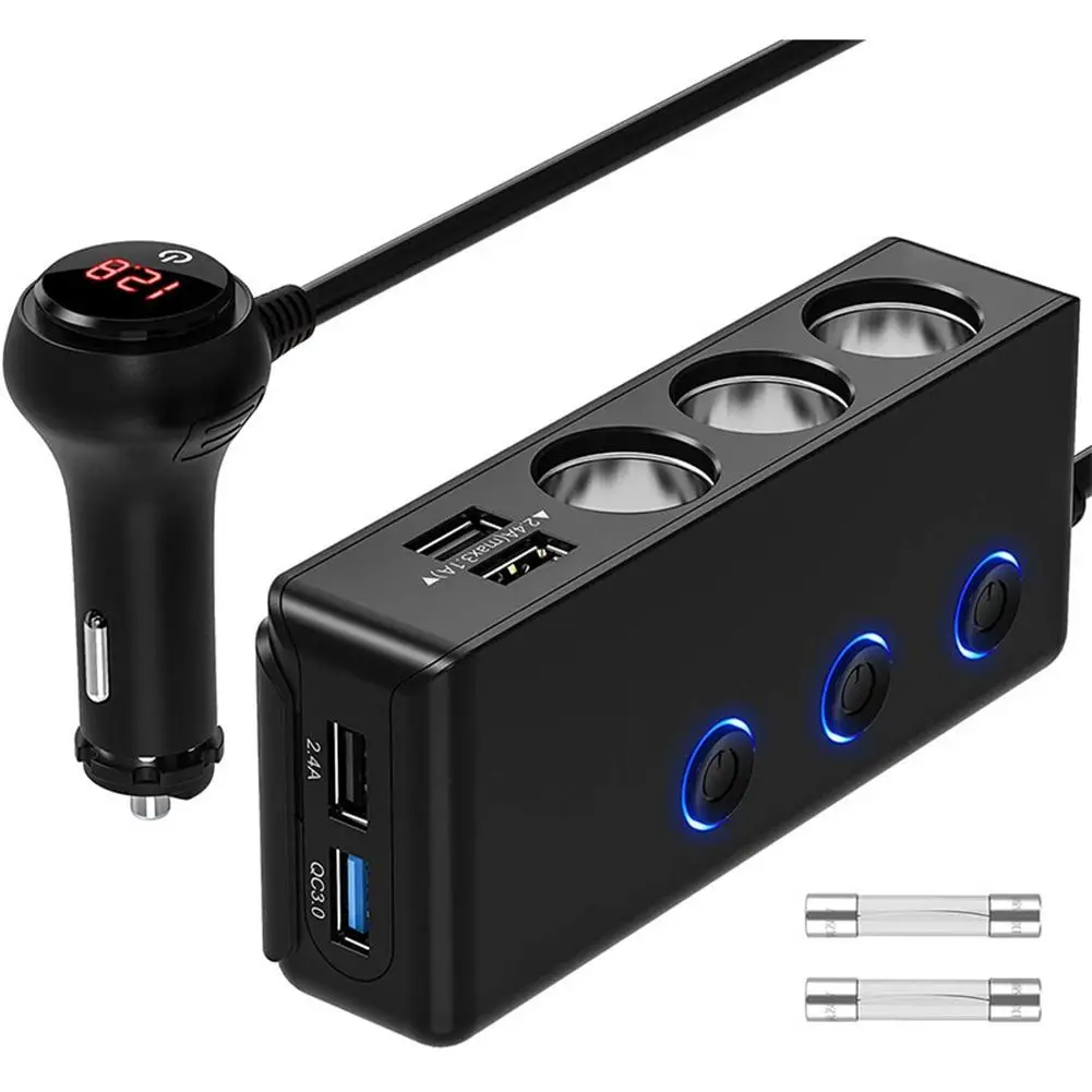 3-in-1 Cigarette Lighter Adapter Quick Charge 3.0 120W 12V/24V 3-Socket Power Splitter LED Display Voltage USB Charger Adapter
3-in-1 Cigarette Lighter Adapter Quick Charge 3.0 120W 12V/24V 3-Socket Power Splitter LED Display Voltage USB Charger Adapter