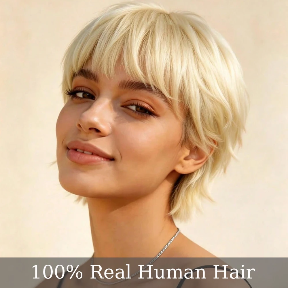 Natural 613 Platinum Blonde Short Layered Pixie Bob Human Hair Wig with Bangs, Lightweight Voluminous layered blonde pixie bob wig with Fringe, Full Machine Made Light Yaki Style for Women Daily Wear
Natural 613 Platinum Blonde Short Layered Pixie Bob Human Hair Wig with Bangs, Lightweight Voluminous layered blonde pixie bob wig with Fringe, Full Machine Made Light Yaki Style for Women Daily Wear