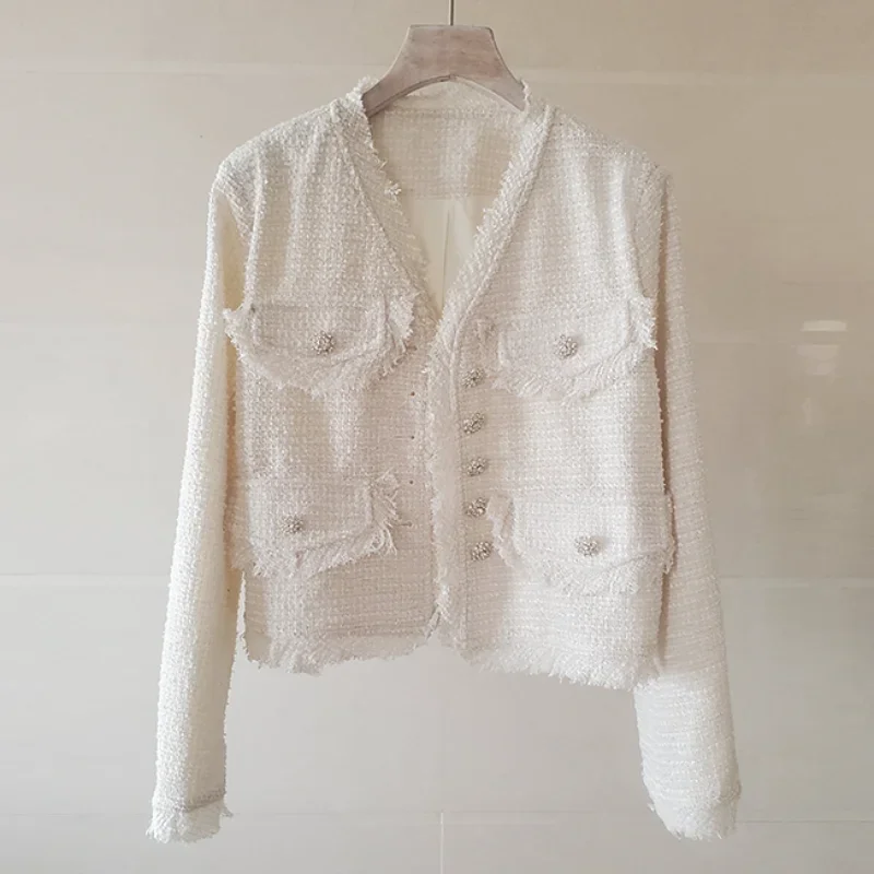 White V-neck Small Fragrance Jacket Female Short French Casual Tassel Vintage Temperament Basic Thin Tweed Women Pink Jacket
White V-neck Small Fragrance Jacket Female Short French Casual Tassel Vintage Temperament Basic Thin Tweed Women Pink Jacket