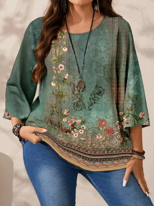 Round Neck Floral Print Ethnic Style T-Shirt for Women In Summer, with Nine Quarter Sleeves and Elegant Casual T-Shirt Top
Round Neck Floral Print Ethnic Style T-Shirt for Women In Summer, with Nine Quarter Sleeves and Elegant Casual T-Shirt Top
