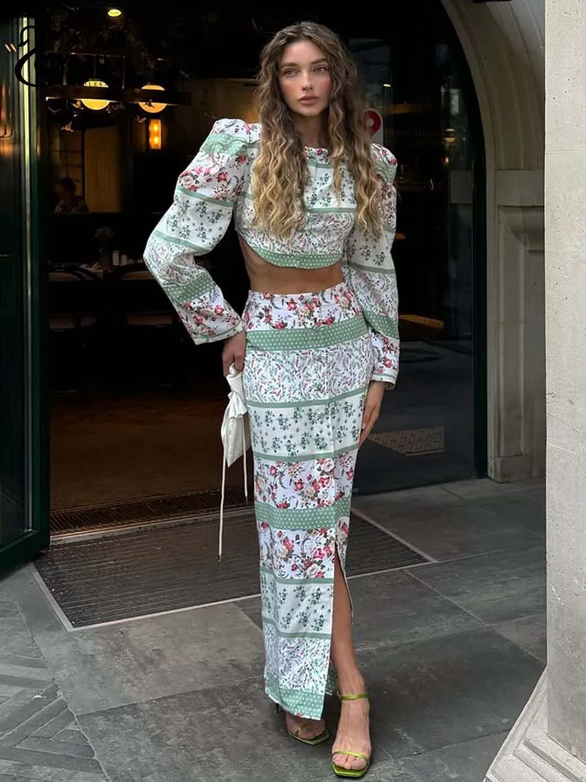 Oymimi Элегантный женский комплект из двух предметов с зеленым принтом, модные укороченные топы с круглым вырезом и длинными рукавами + однобортные юбки до щиколотки, комплект
Oymimi Элегантный женский комплект из двух предметов с зеленым принтом, модные укороченные топы с круглым вырезом и длинными рукавами + однобортные юбки до щиколотки, комплект