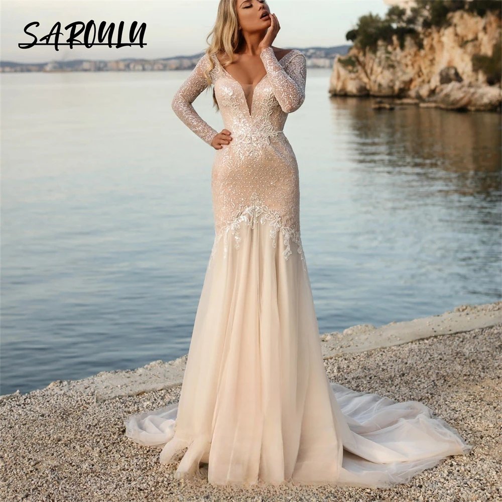 Nude Champagne Full Sleeve Wedding Gown For Women Backless Sweep Train Mermaid Bride Dresses Bridal Gown
Nude Champagne Full Sleeve Wedding Gown For Women Backless Sweep Train Mermaid Bride Dresses Bridal Gown