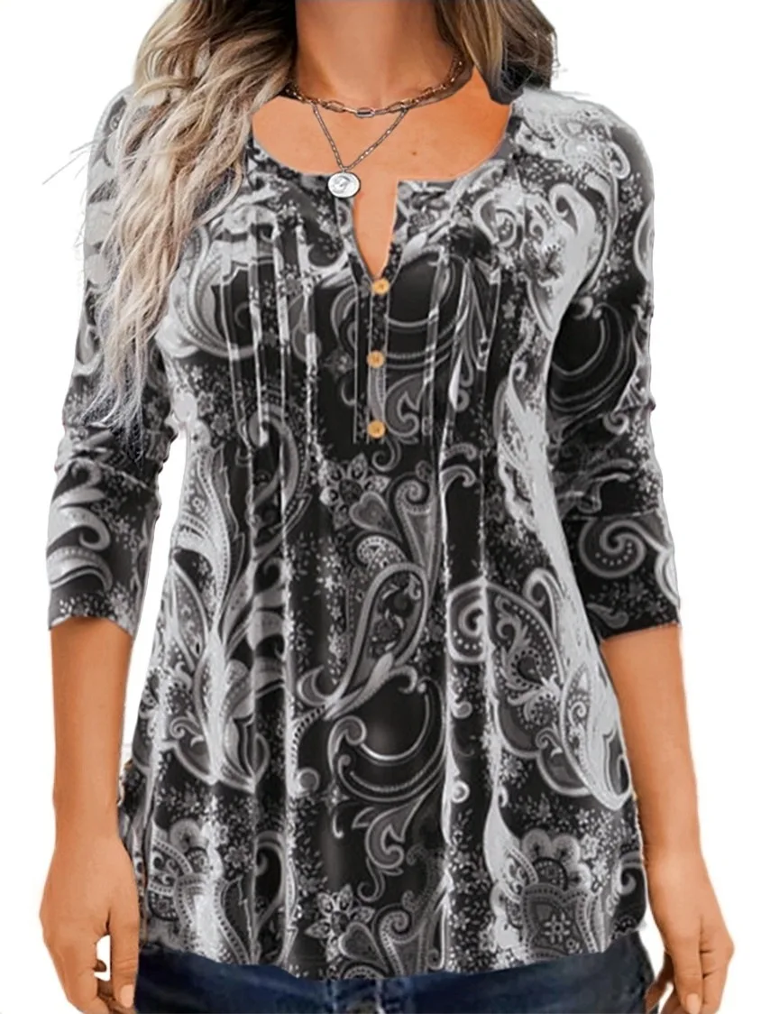 Women's Spring New T-shirt Fashion Printed Round Neck Long Sleeve Button Casual Comfortable Long Sleeve Top Women's Wear
Women's Spring New T-shirt Fashion Printed Round Neck Long Sleeve Button Casual Comfortable Long Sleeve Top Women's Wear