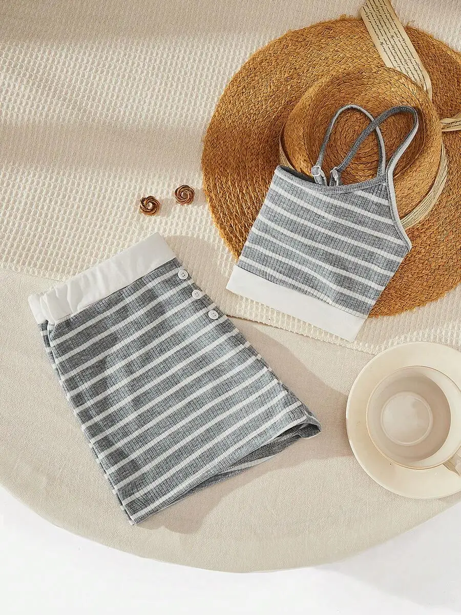 Gray And White Striped Knit Crop Top And Shorts Set For Women
Gray And White Striped Knit Crop Top And Shorts Set For Women