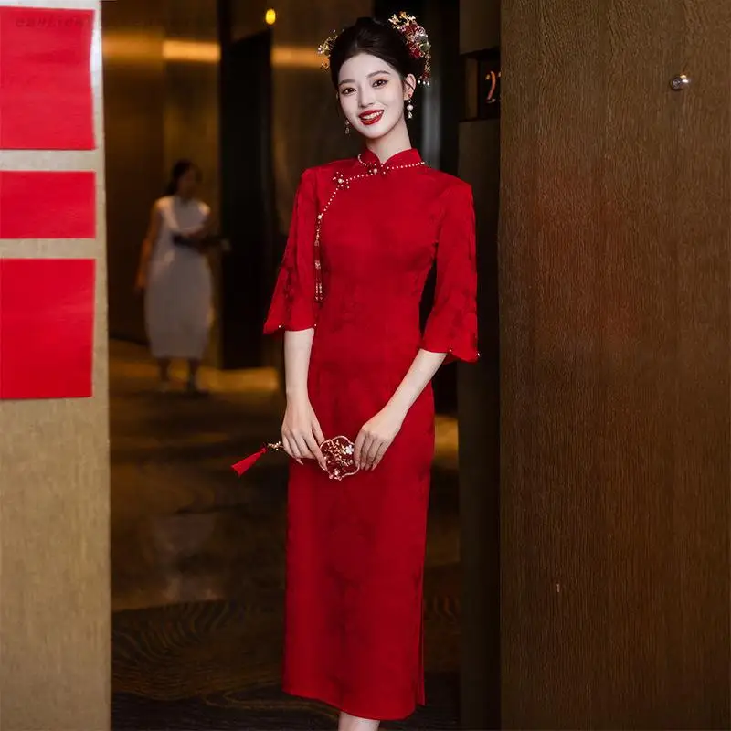 Chinese Red Mid Sleeve Cheongsam Wedding Engagement Evening Party Dress Women Long Qipao Bridal Vintage Exquisite Toast Gowns
Chinese Red Mid Sleeve Cheongsam Wedding Engagement Evening Party Dress Women Long Qipao Bridal Vintage Exquisite Toast Gowns
