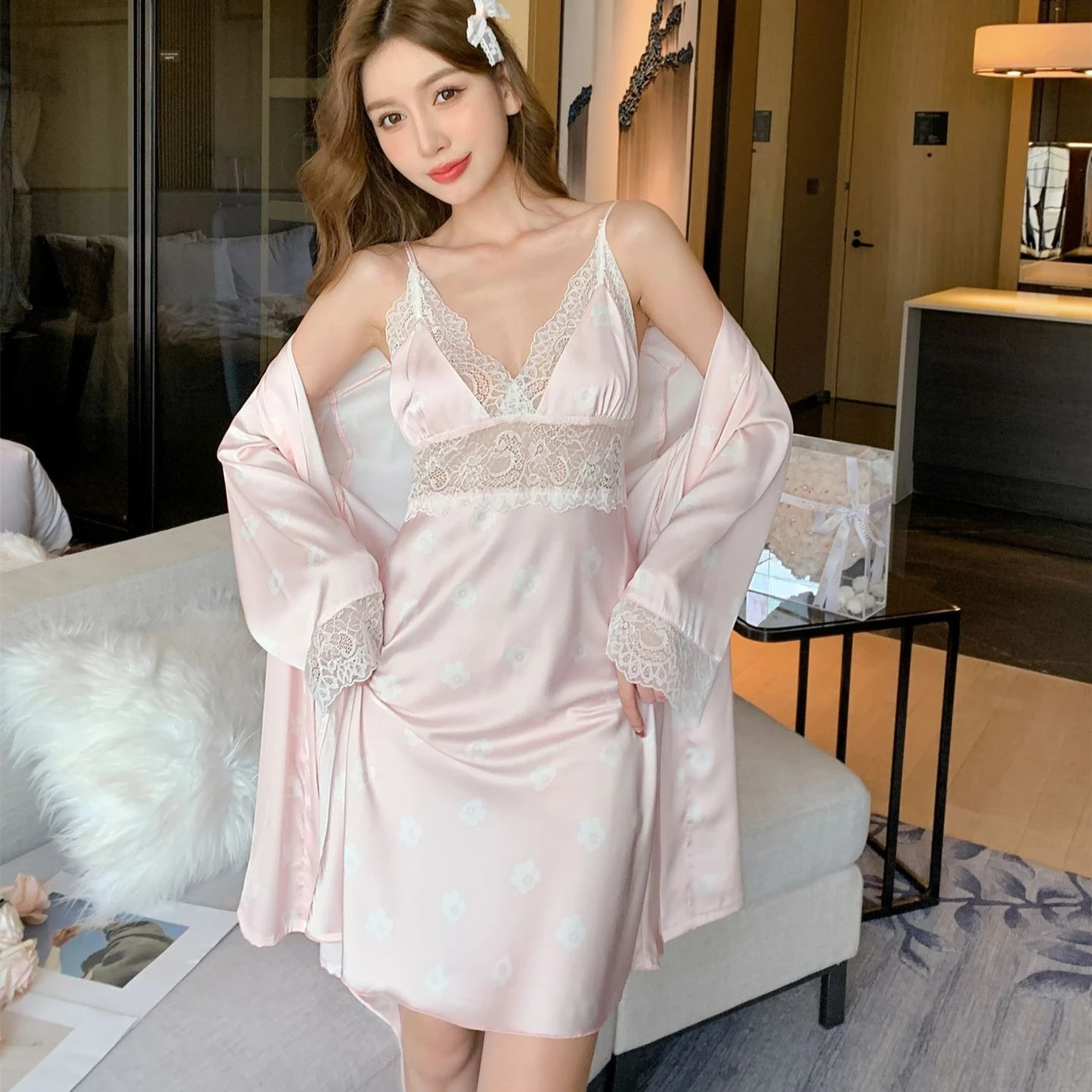 Print Women Nighty&Robe Set Summer Sleepwear Kimono Bathrobe Gwon Suit Lace Nightdress Satin Nightgown Home Wear Clothing
Print Women Nighty&Robe Set Summer Sleepwear Kimono Bathrobe Gwon Suit Lace Nightdress Satin Nightgown Home Wear Clothing