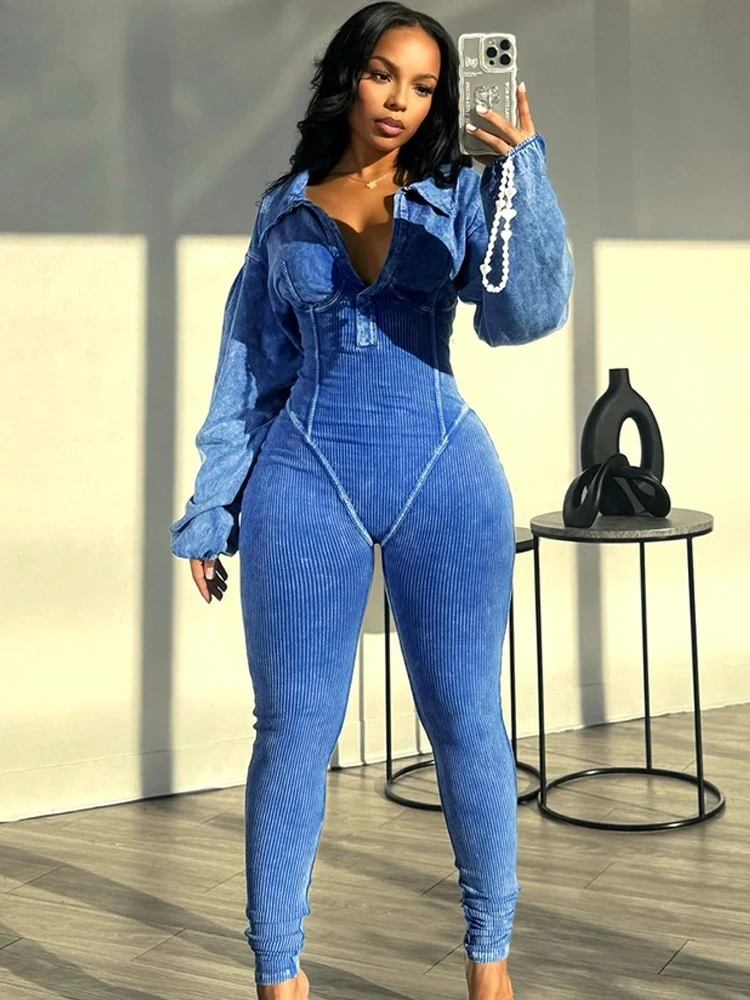 Washed Distressed Jumpsuit Women Ribbed V-Neck Solid SKinny Long Sleeve Fall Casual Trend Simple Activity Streetwear
Washed Distressed Jumpsuit Women Ribbed V-Neck Solid SKinny Long Sleeve Fall Casual Trend Simple Activity Streetwear