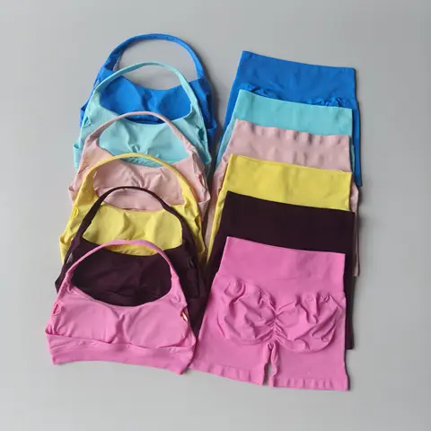 2PCs Peach High Waist Belly Hip Lifting Sports Bras Shorts Suit Gathering Shock-proof Neck Halter Yoga Suit Running Fitness Set