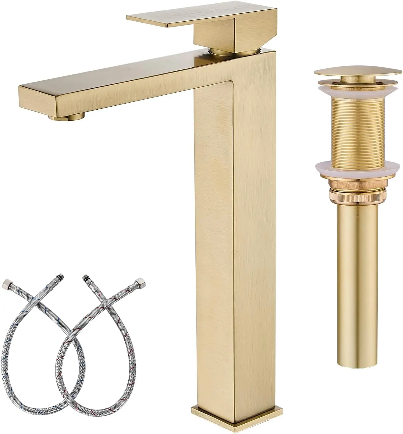 Brushed Gold Vessel Sink Faucet, 1 Hole Tall Single Handle Bathroom Vanity Mixer Tap with Pop Up Drain & Supply Lines
Brushed Gold Vessel Sink Faucet, 1 Hole Tall Single Handle Bathroom Vanity Mixer Tap with Pop Up Drain & Supply Lines