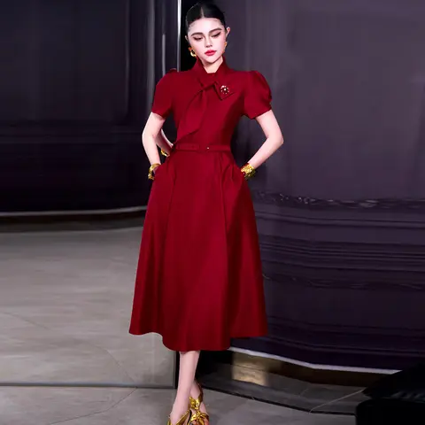 ZJYT Red Women's Dress Trend 2026 Spring Summer Elegant and Formal Party Evening Dresses Short Sleeved Midi Female Clothing New