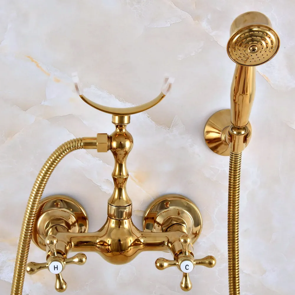 Modern Golden Brass Wall Mounted Bathroom Shower Faucet Set with 1500MM Hose Handheld Spray Head Mixer Tap Dna942
Modern Golden Brass Wall Mounted Bathroom Shower Faucet Set with 1500MM Hose Handheld Spray Head Mixer Tap Dna942