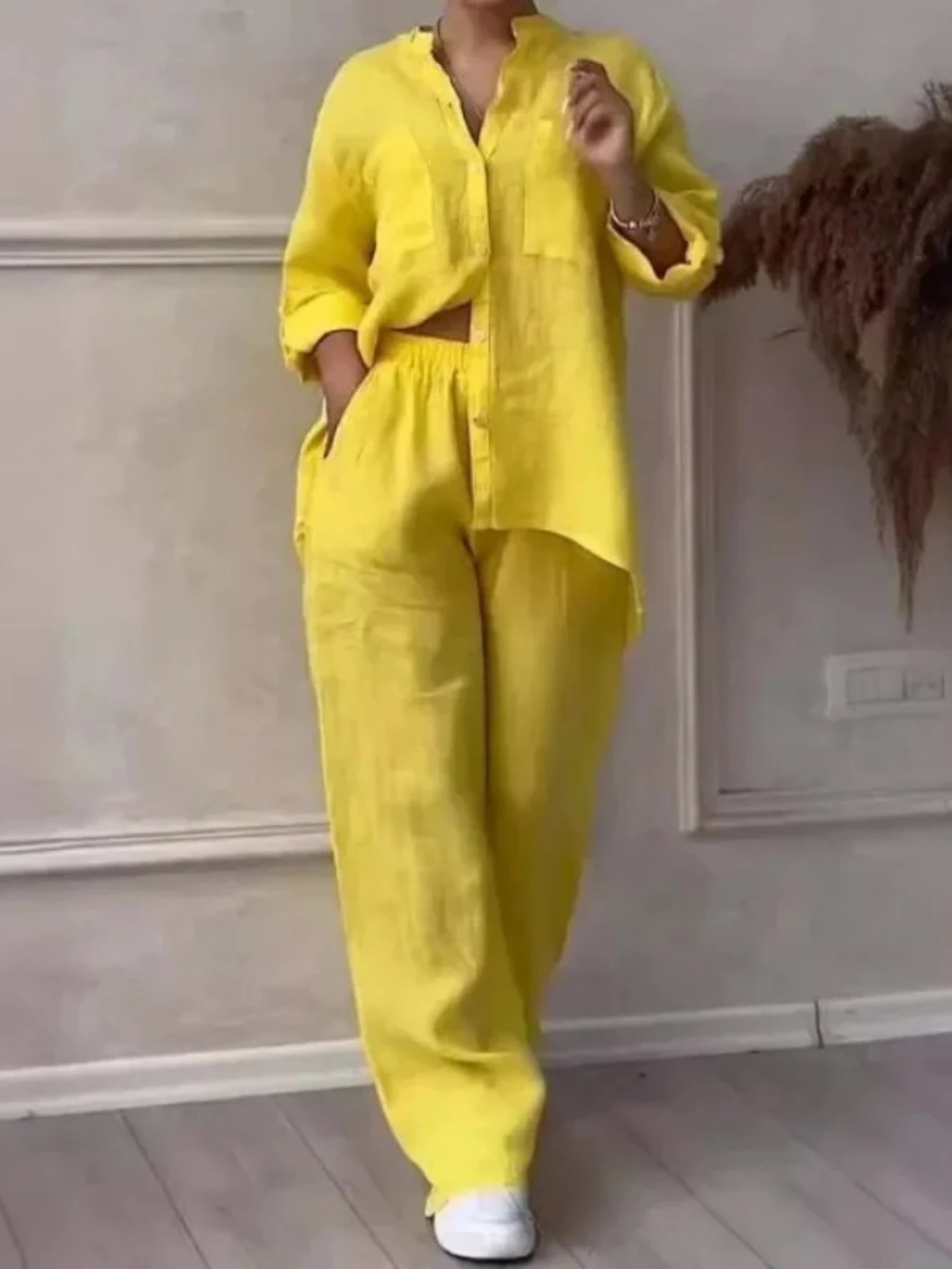 Повседневная хлопково-льняная рубашка, комплект широких брюк, однотонный комплект из двух предметов, женская независимая станция
Повседневная хлопково-льняная рубашка, комплект широких брюк, однотонный комплект из двух предметов, женская независимая станция