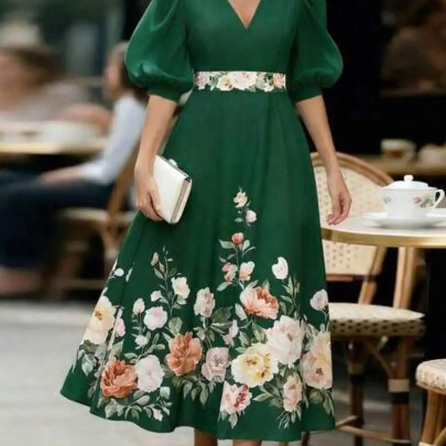 Elegant Green Floral Print A-Line Dress With Puffed Sleeves For Party Evening
Elegant Green Floral Print A-Line Dress With Puffed Sleeves For Party Evening