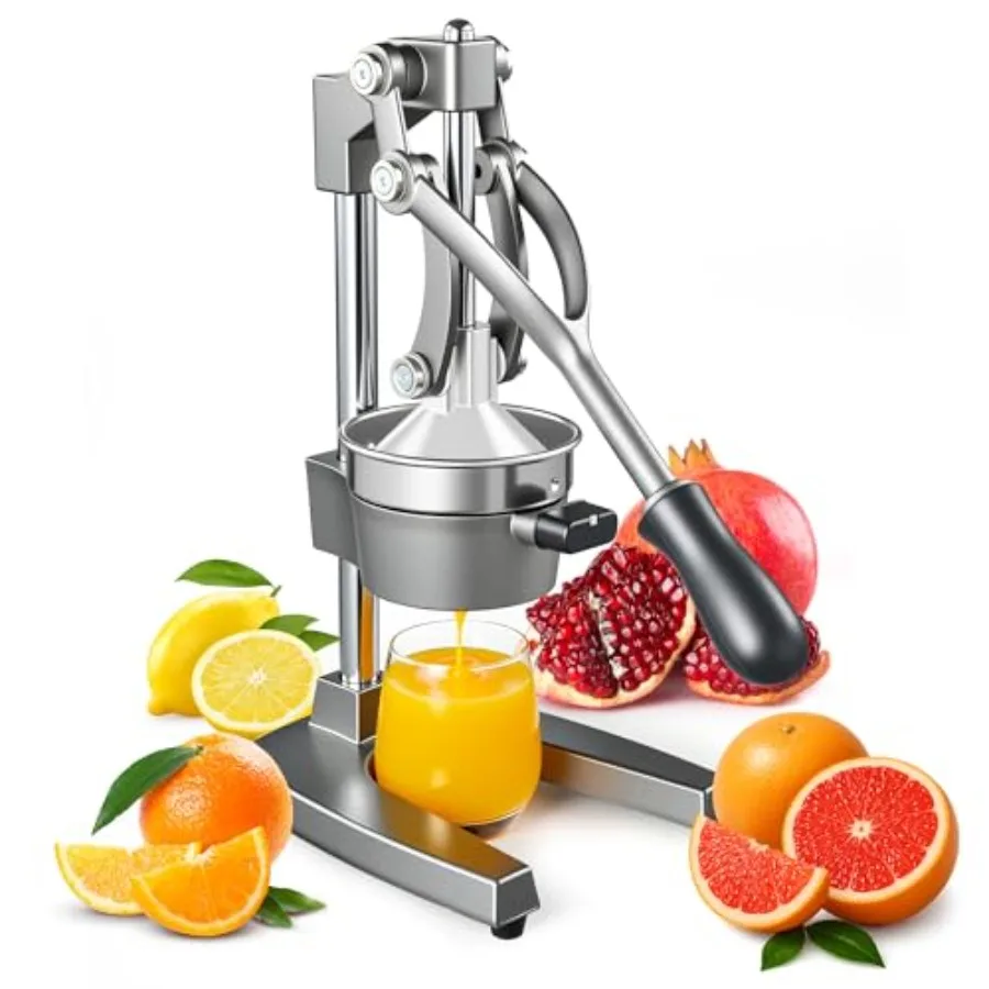 Commercial cast iron citrus juicer for countertop use, orange/red finish, heavy-duty hand press with stainless steel cup
Commercial cast iron citrus juicer for countertop use, orange/red finish, heavy-duty hand press with stainless steel cup