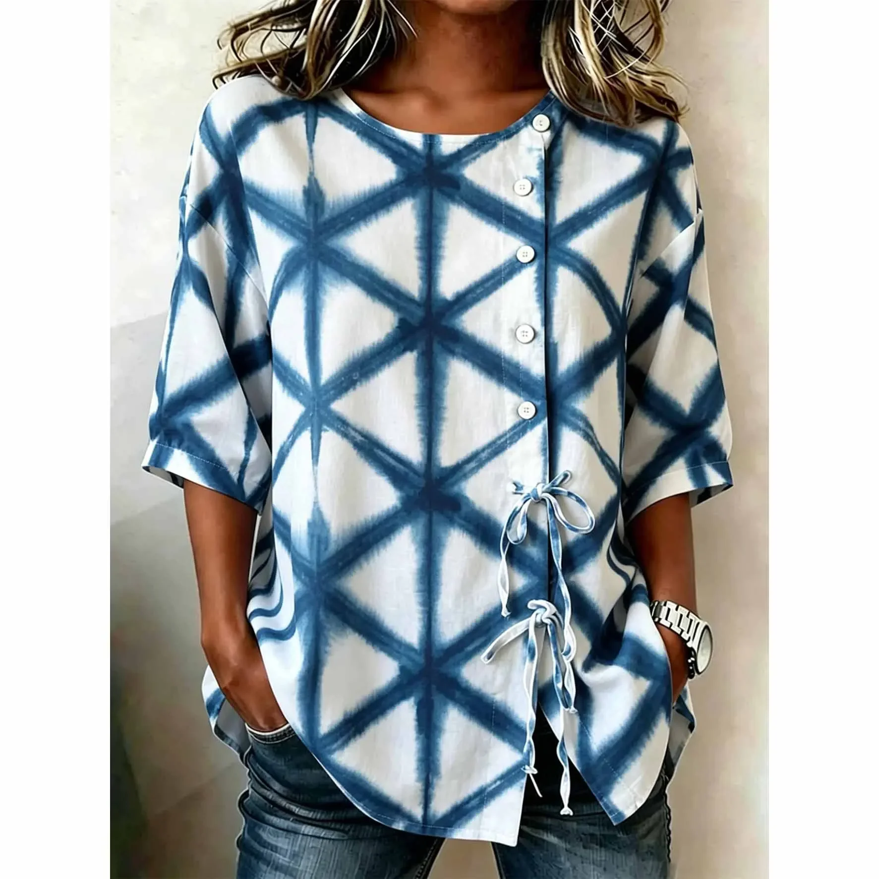Tie Dye Geometric Print Blue White Button Down Blouse Side Tie Half Sleeve Casual Top
Tie Dye Geometric Print Blue White Button Down Blouse Side Tie Half Sleeve Casual Top