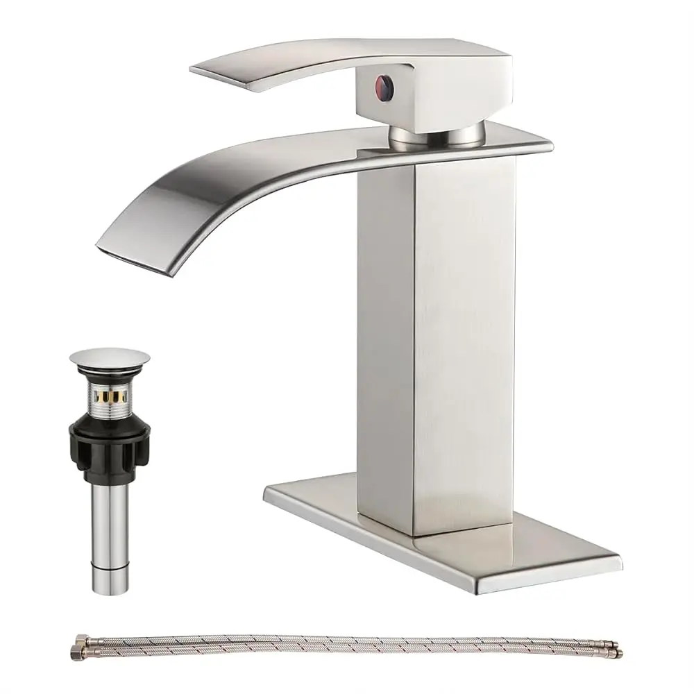 Waterfall Single Handle Bathroom Vanity Sink Faucet with Metal Pop-up Drain, Brushed Nickel Finish
Waterfall Single Handle Bathroom Vanity Sink Faucet with Metal Pop-up Drain, Brushed Nickel Finish