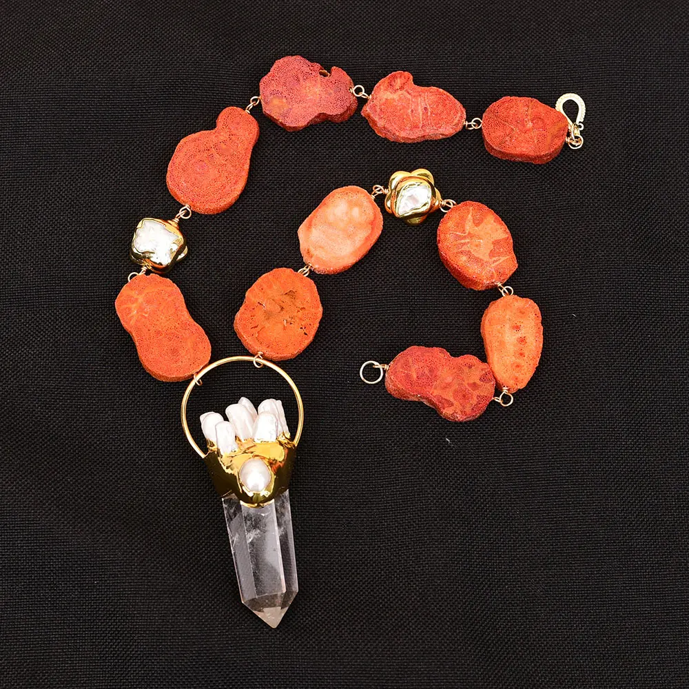 G-G 20'' Natural Red Coral Orange Color Slice Keshi Pearl Necklace Clear Quartz Biwa Pearl Pendant
G-G 20'' Natural Red Coral Orange Color Slice Keshi Pearl Necklace Clear Quartz Biwa Pearl Pendant