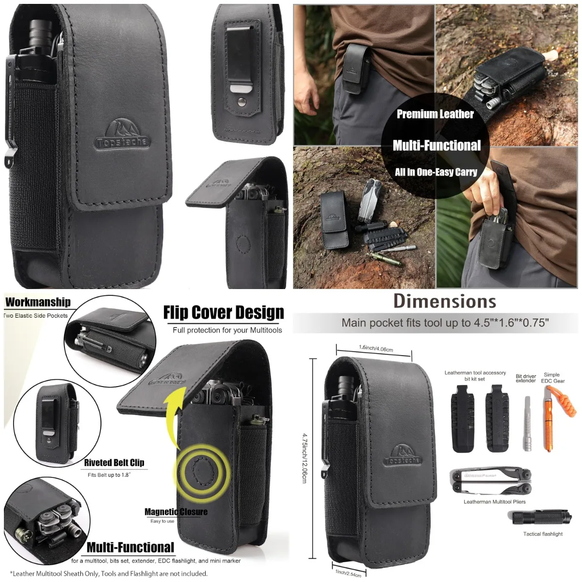 Multitool Sheath with Belt Clip - Leather Holster for Folding Tool, Black
Multitool Sheath with Belt Clip - Leather Holster for Folding Tool, Black