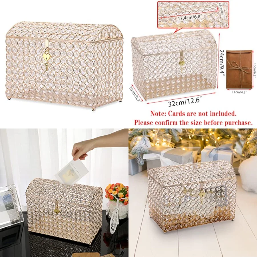 Crystal Wedding Card Box with Heart Lock, 12.6" x 6.3" x 9.4" Money Card Box Treasure Chest Style Gift for Wedding Receptions,
Crystal Wedding Card Box with Heart Lock, 12.6" x 6.3" x 9.4" Money Card Box Treasure Chest Style Gift for Wedding Receptions,