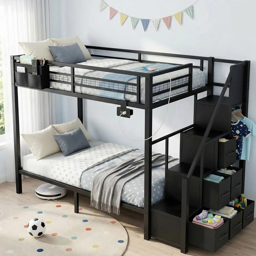 Twin Over Twin Metal Bunk Bed with Storage Stairs, USB Outlet, Clothes Rack, 6 Drawers for Kids and Teens, Space-Saving Black
Twin Over Twin Metal Bunk Bed with Storage Stairs, USB Outlet, Clothes Rack, 6 Drawers for Kids and Teens, Space-Saving Black