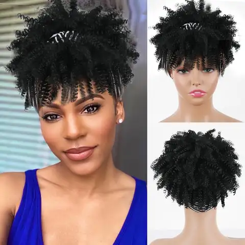 Natural Synthetic Turban Wrap Wig Cosplay Daily Use Short Kinky Curly Headband Wigs Afro Puff Curly Headband Wig For Women