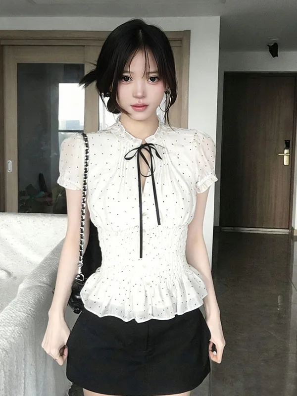 Miss Lucy Polka Dot White Shirt Women's Summer Short Sleeve Bubble Sleeve Waist Cinched Trendy Top French Style Slim Fit Youth
Miss Lucy Polka Dot White Shirt Women's Summer Short Sleeve Bubble Sleeve Waist Cinched Trendy Top French Style Slim Fit Youth